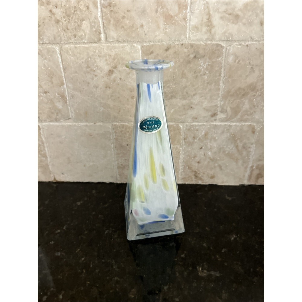 VINTAGE MURANO VASE YELLOW & BLUE CASED ART GLASS SQUARE WITH STICKER 7 1/4"
